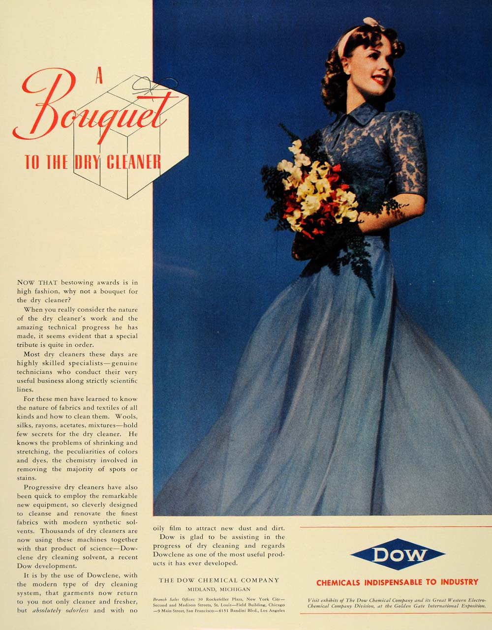 1939 Ad Dow Dowclene Dry Cleaner Solvent Bouquet Dress