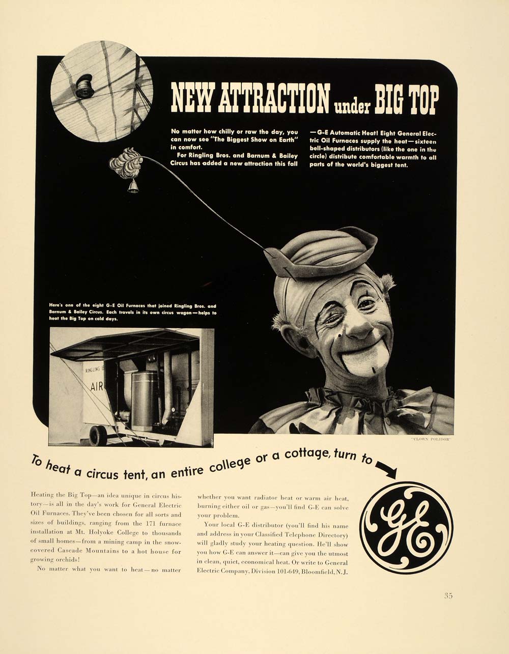 1939 Ad GE Clown Polidor Ringling Bros. Circus Big Top - ORIGINAL FT6