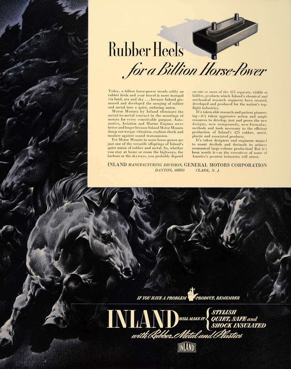 1939 Print Ad Inland Rubber Motor Mounts Wild Horses - ORIGINAL ADVERTISING FT6
