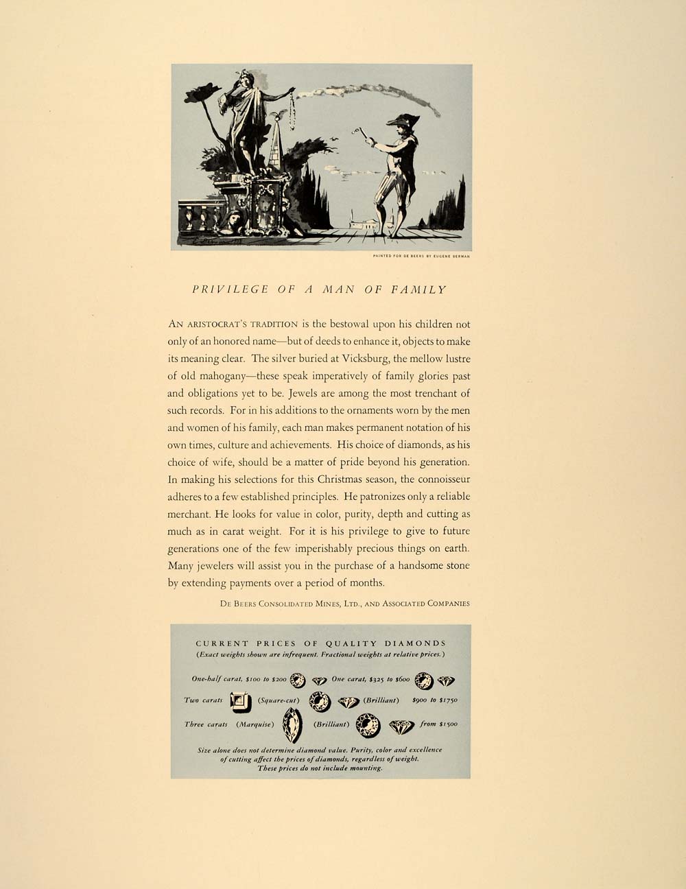 1939 Ad De Beers Diamonds Caret Prices Eugene Berman - ORIGINAL ADVERTISING FT6