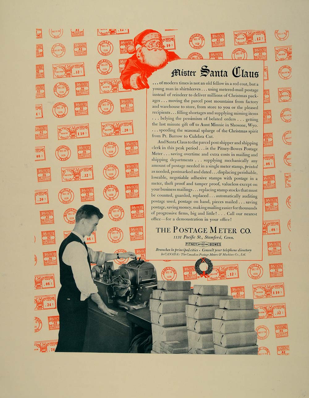 1939 Ad Pitney Bowes Postage Meter Santa Clerk Packages - ORIGINAL FT6