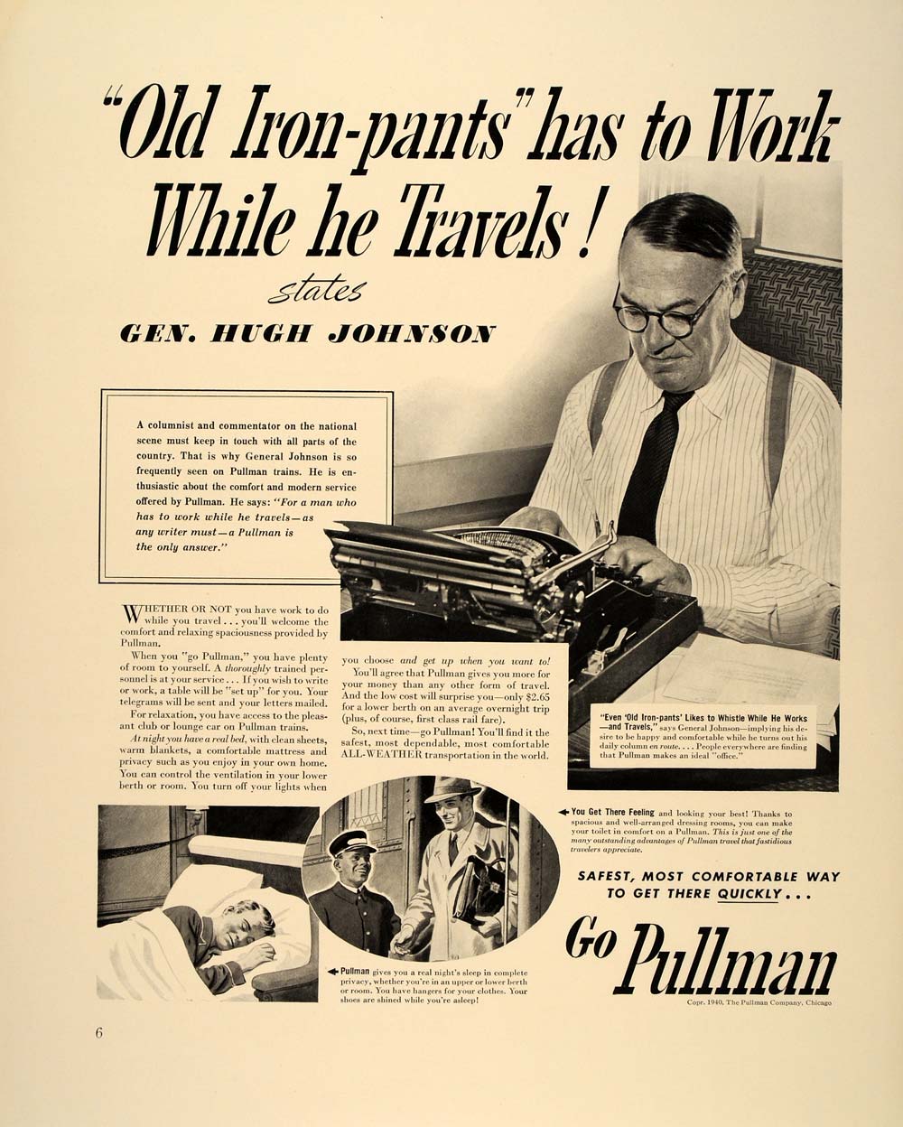 1940 Ad Pullman Train Car Berth General Hugh Johnson - ORIGINAL ADVERTISING FT6