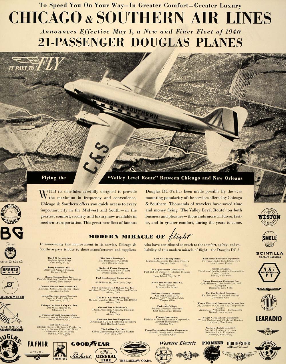 1940 Ad Chicago & Southern Air Lines Douglas DC-3 Plane - ORIGINAL FT6