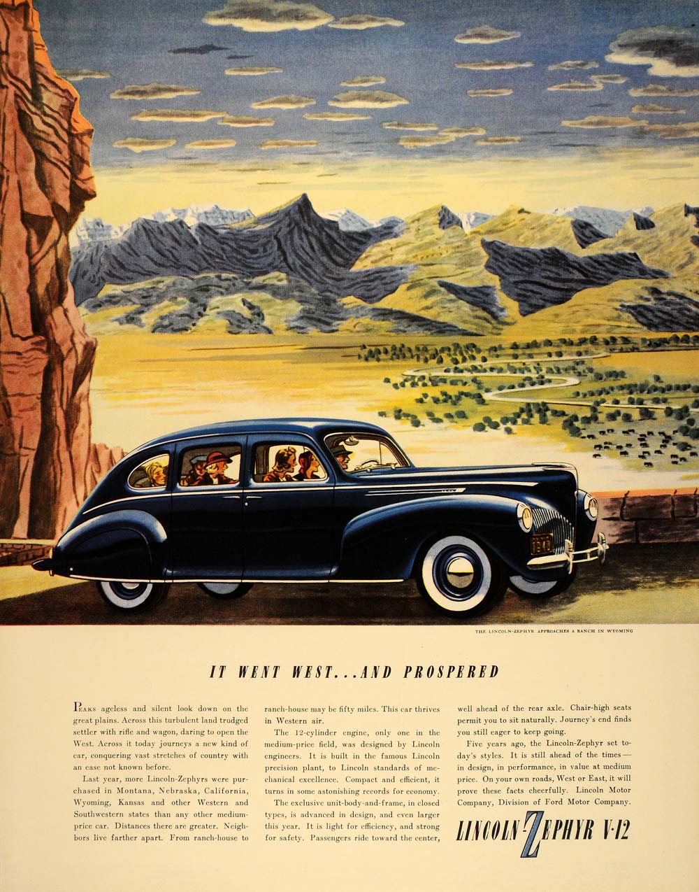 1940 Ad Lincoln Zephyr V-12 Blue Car Wyoming Ranch Sky - ORIGINAL