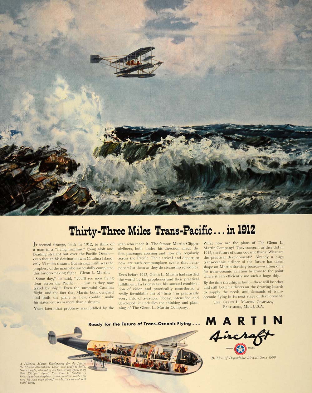 1940 Ad Glenn Martin Airplane Pacific Ocean 1912 Plane - ORIGINAL FT6