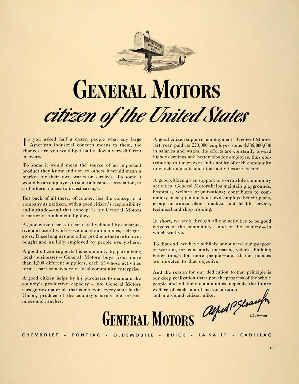 1940 Ad GM Chairman Alfred P. Sloan Jr. General Motors - ORIGINAL FT6