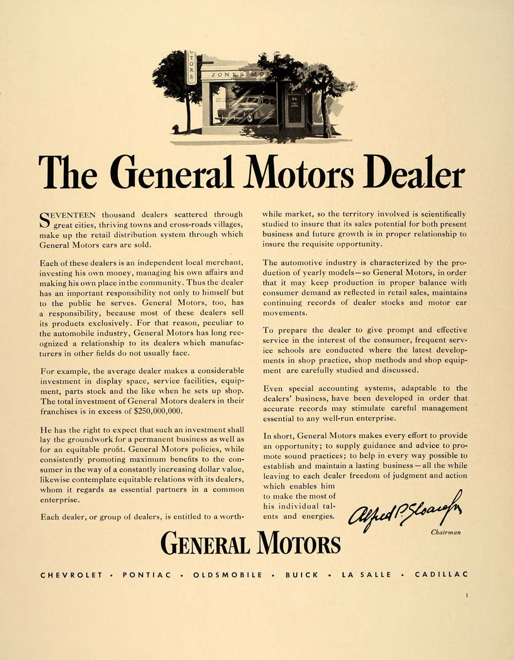 1940 Ad Alfred P. Sloan General Motors Chairman Dealer - ORIGINAL FT6 - Period Paper
