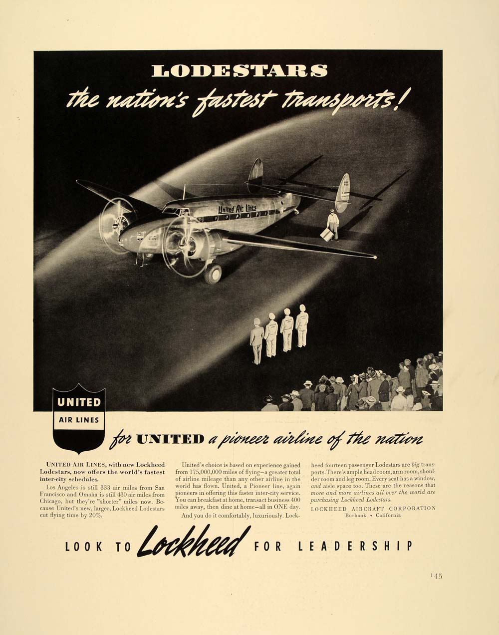 1940 Ad Lockheed Lodestar United Air Lines Airplane - ORIGINAL ADVERTISING FT6