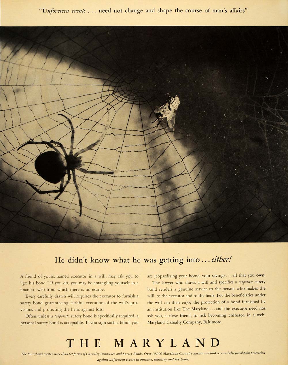 1940 Ad Maryland Casualty Co. Baltimore Spider Web Fly - ORIGINAL FT6