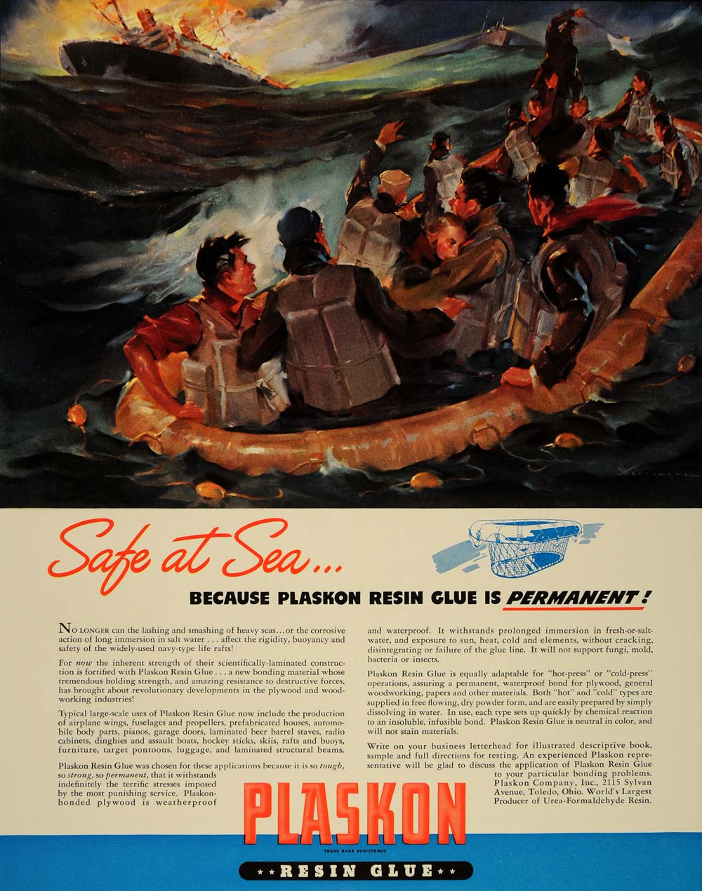 1941 Ad Plaskon Resin Glue Navy Type Life Raft Lifeboat - ORIGINAL FT6