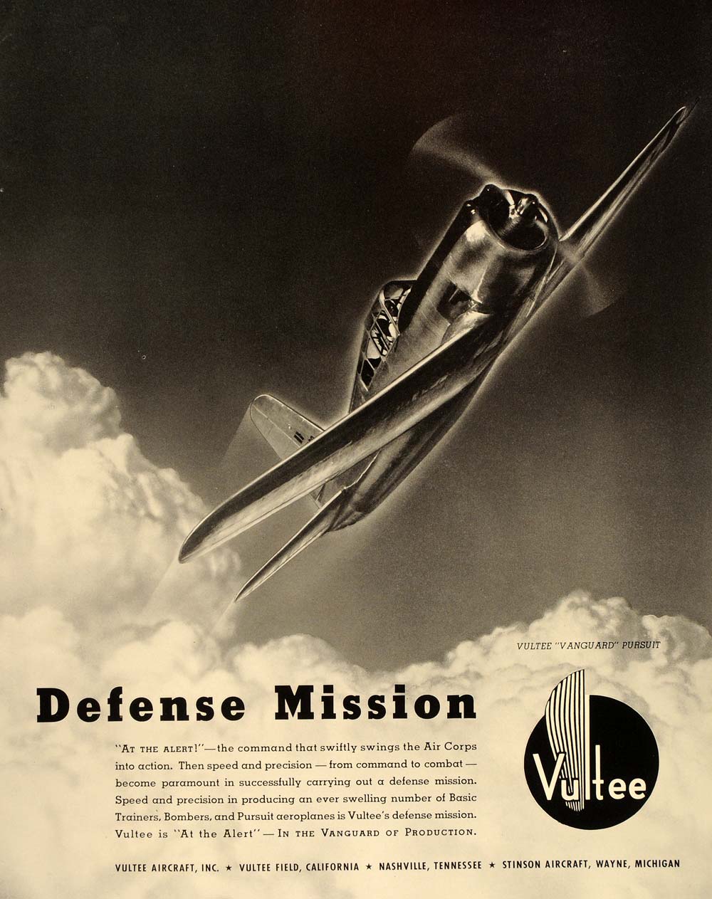 1941 Ad Vultee Vanguard Pursuit Air Corps Airplane - ORIGINAL ADVERTISING FT6
