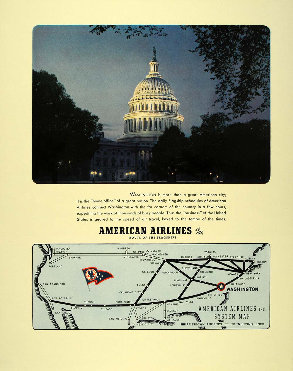 1941 Ad American Airlines Map Washington D.C. Capitol - ORIGINAL ADVERTISING FT6 - Period Paper
