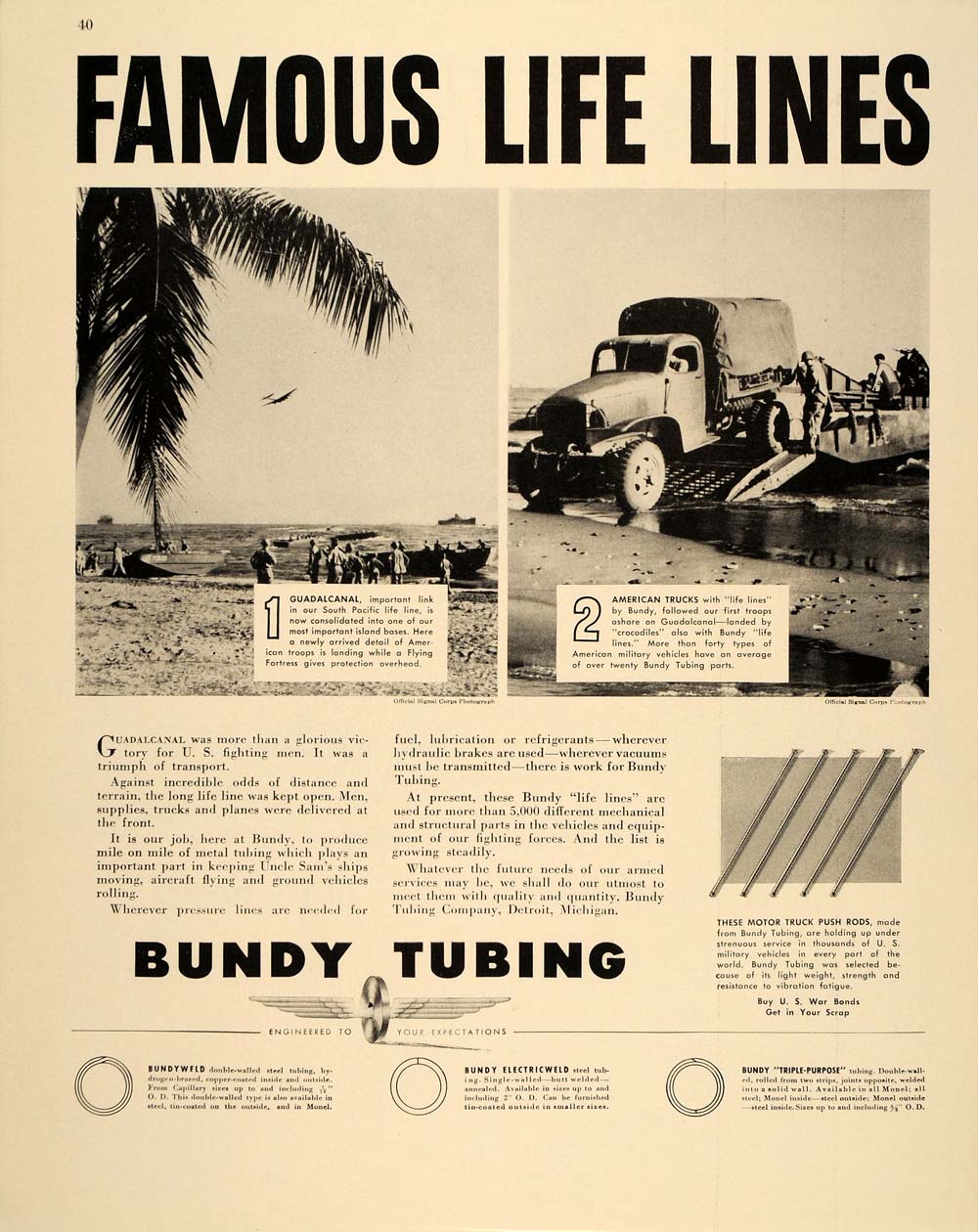 1943 Ad WWII Guadalcanal Beach Bundy Tubing Army Truck Wartime Manufacturing FT6