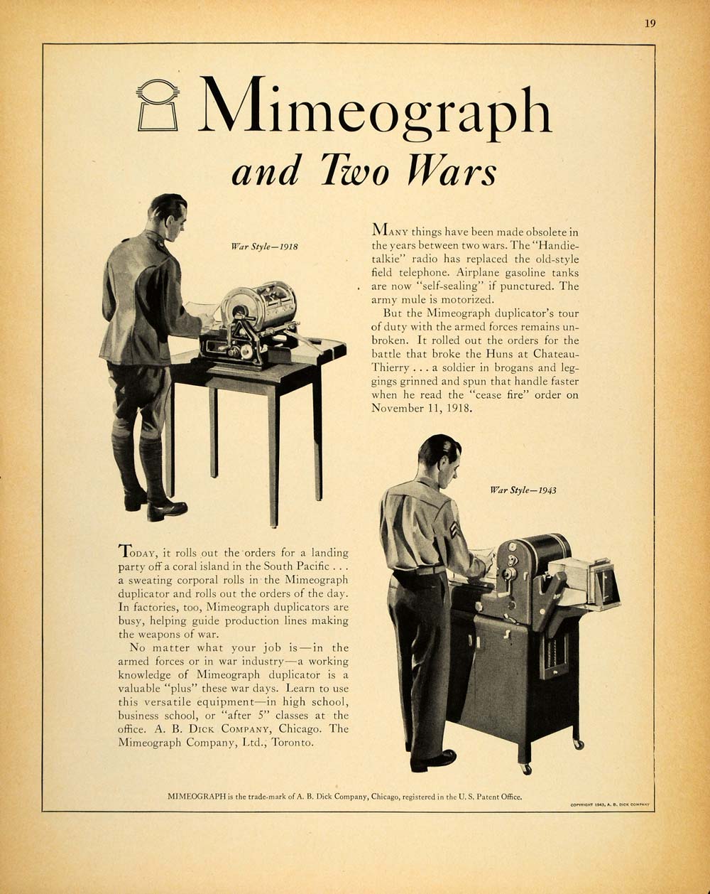1943 Ad WWII Mimeograph WWI Duplicator Machine A B Dick Wartime FT6