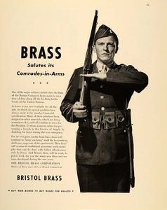 1943 Ad WWII Bristol Brass U. S. Soldier Uniform Gun Wartime Munitions FT6