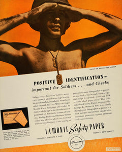 1943 Ad WWII La Monte Safety Paper GI Dog Tags Soldier Wartime Manufacturing FT6