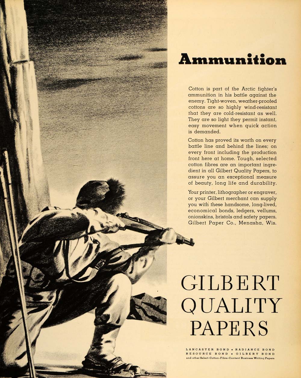 1943 Ad WWII Gilbert Paper Arctic Soldier Skis Gun WW2 Wartime Manufacturing FT6