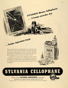 1945 WWII Ad Sylvania Cellophane Powder Cigarette Box Wartime Munitions FT6