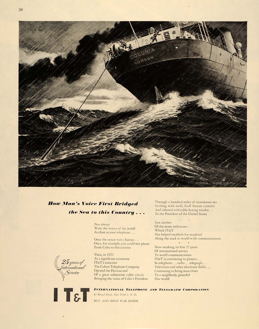 1945 Ad I T & T Telephone Cable Ocean Charles Rosner - ORIGINAL ADVERTISING FT6