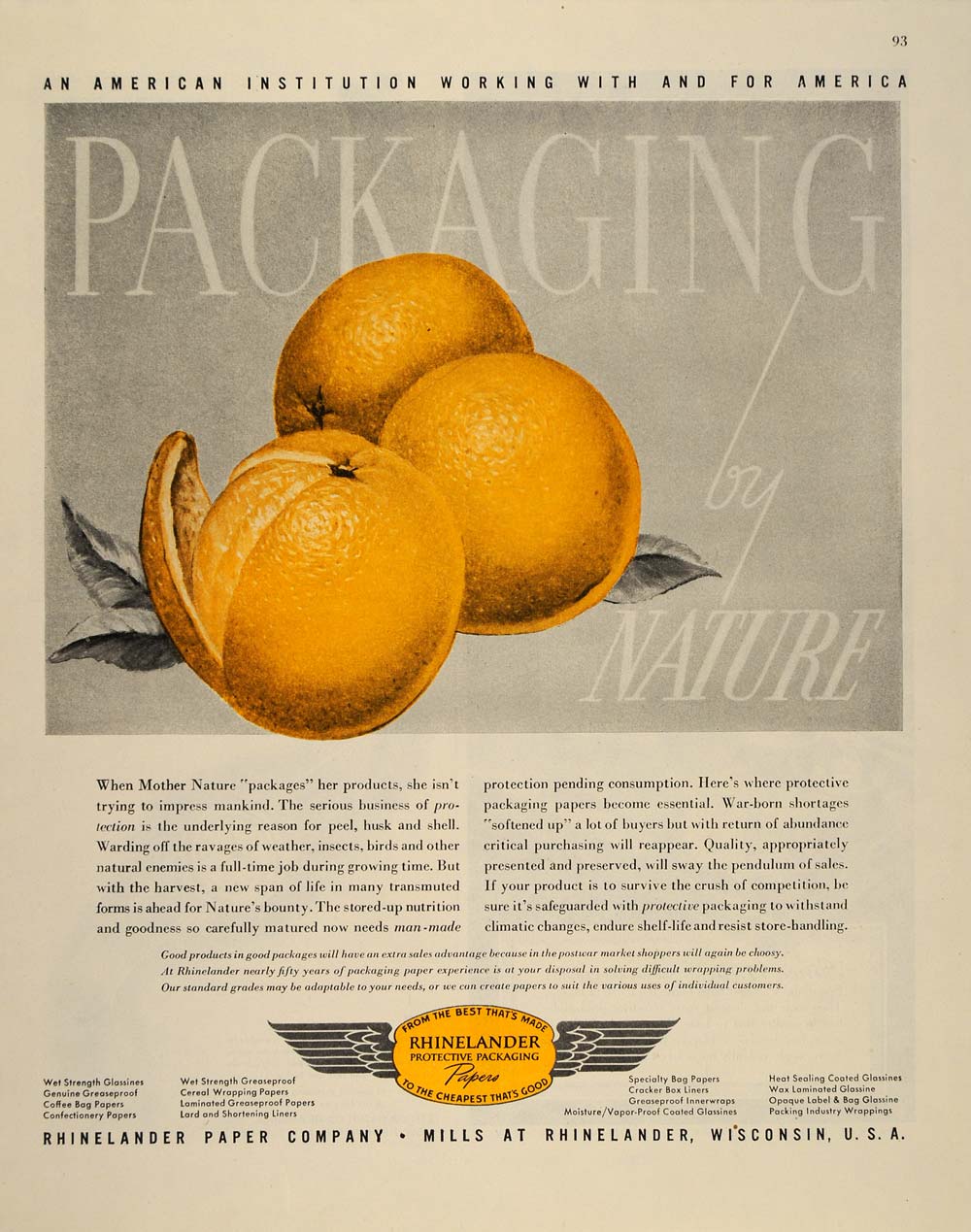 1945 Ad Rhinelander Packaging Papers Wisconsin Lemons - ORIGINAL ADVERTISING FT6