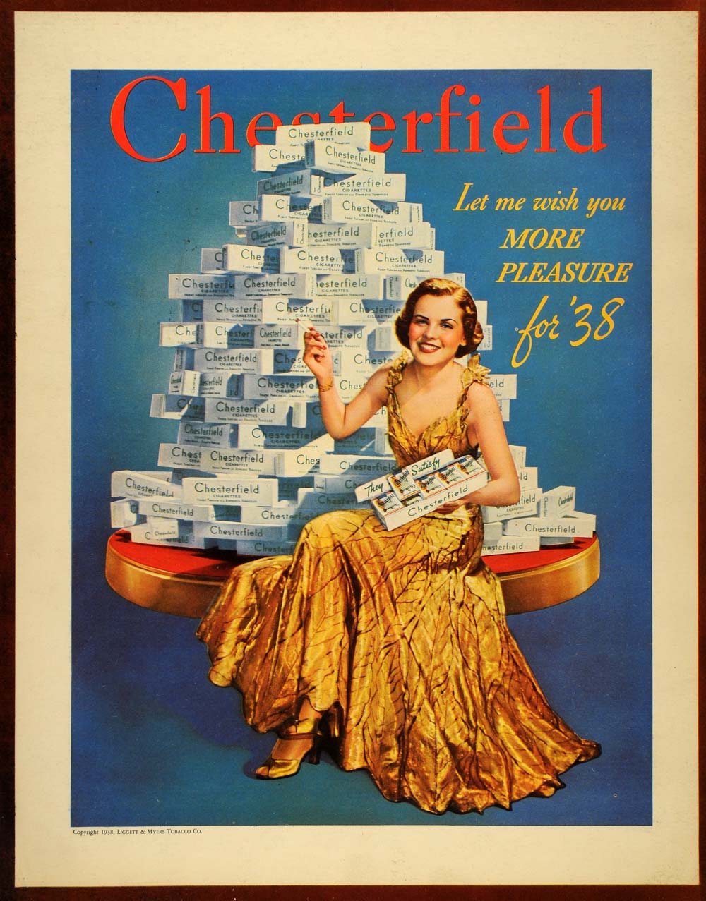 1938 Ad Chesterfield Cigarettes Carton Woman Gold Dress - ORIGINAL FT7