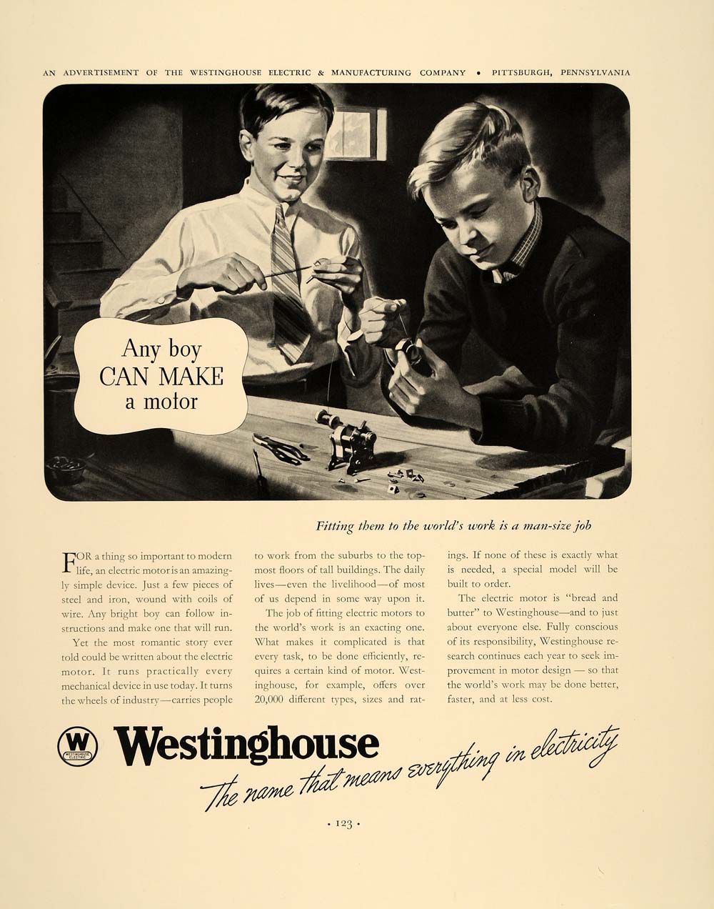 1938 Ad Westinghouse Electric Motor Boys Workshop - ORIGINAL ADVERTISING FT7