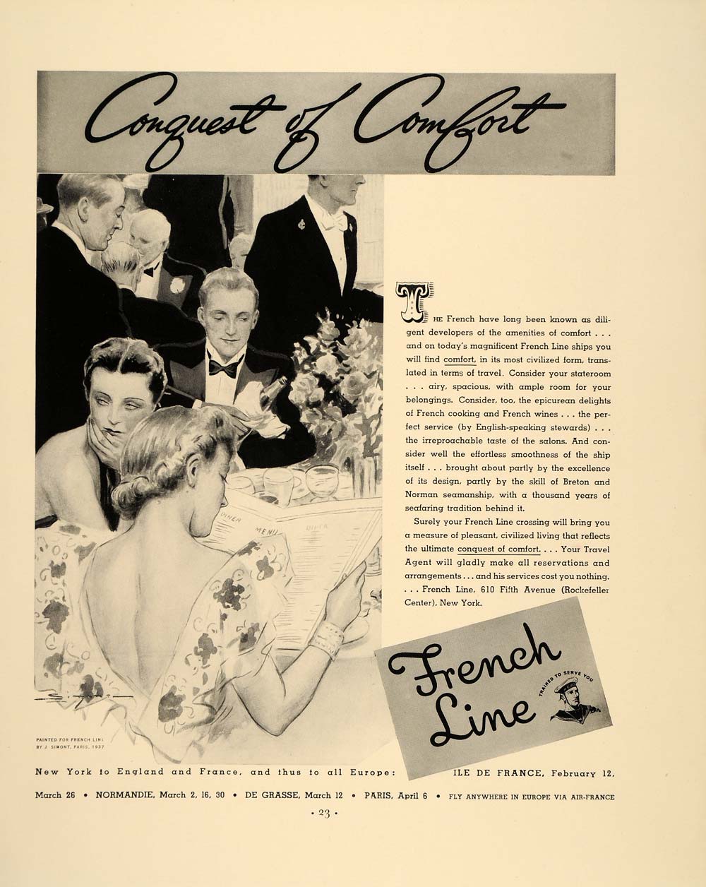 1938 Ad French Line Ocean Liner Dining Room J. Simont - ORIGINAL ADVERTISING FT7