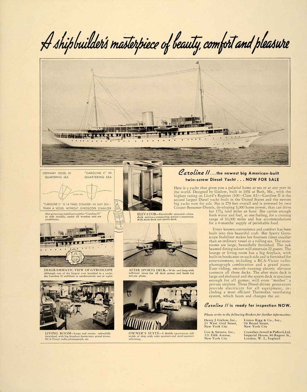 1938 Ad Caroline II Yacht Gyroscope Stabilizer Elevator - ORIGINAL FT7