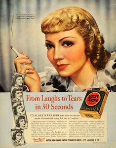 1938 Ad Lucky Strike Cigarettes Claudette Colbert Film - ORIGINAL FT7