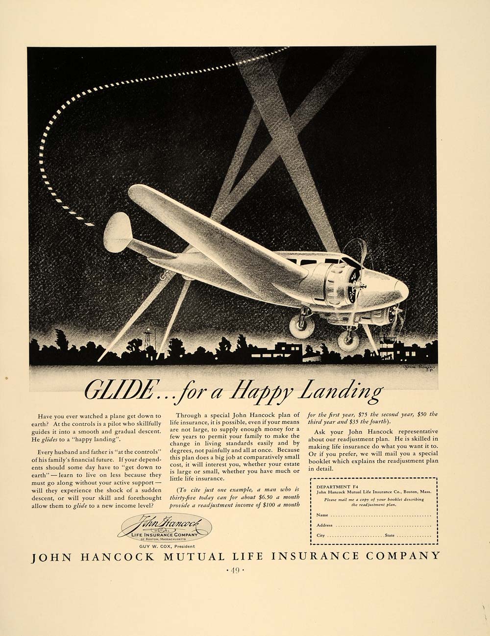 1938 Ad John Hancock Mutual Life Vintage Plane Landing - ORIGINAL FT7