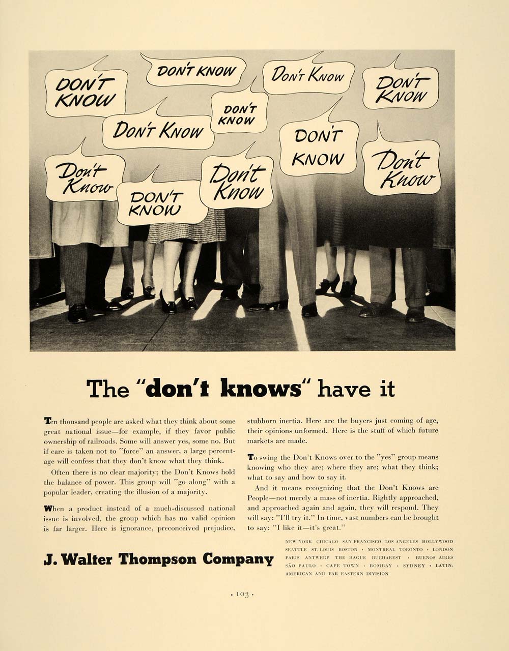 1938 Ad J. Walter Thompson Advertising "Don't Knows" - ORIGINAL ADVERTISING FT7