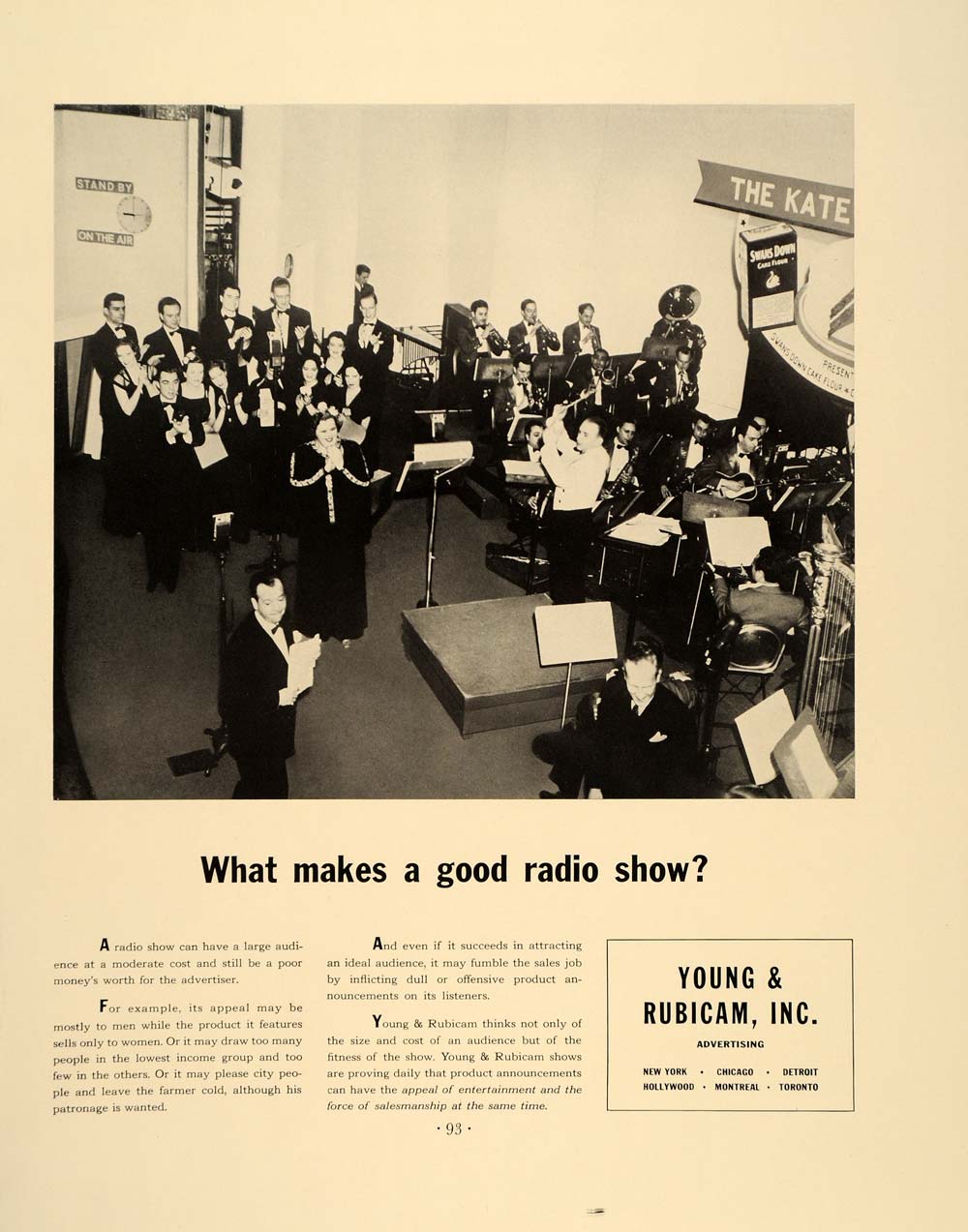 1938 Ad Young & Rubicam Kate Smith Radio Show Studio - ORIGINAL ADVERTISING FT7
