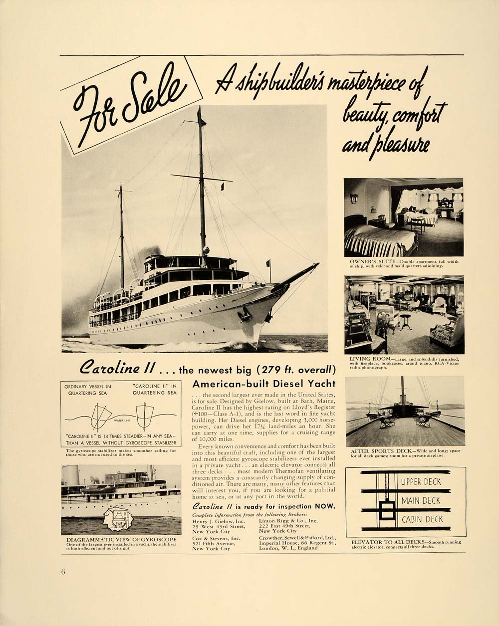 1938 Ad Caroline II Yacht Living Room Deck Elevator - ORIGINAL ADVERTISING FT7