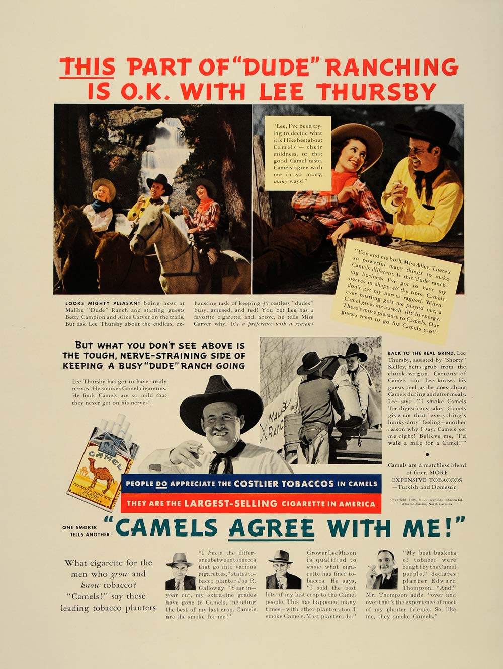 1938 Ad Camel Cigarettes Lee Thursby Malibu Dude Ranch - ORIGINAL FT7