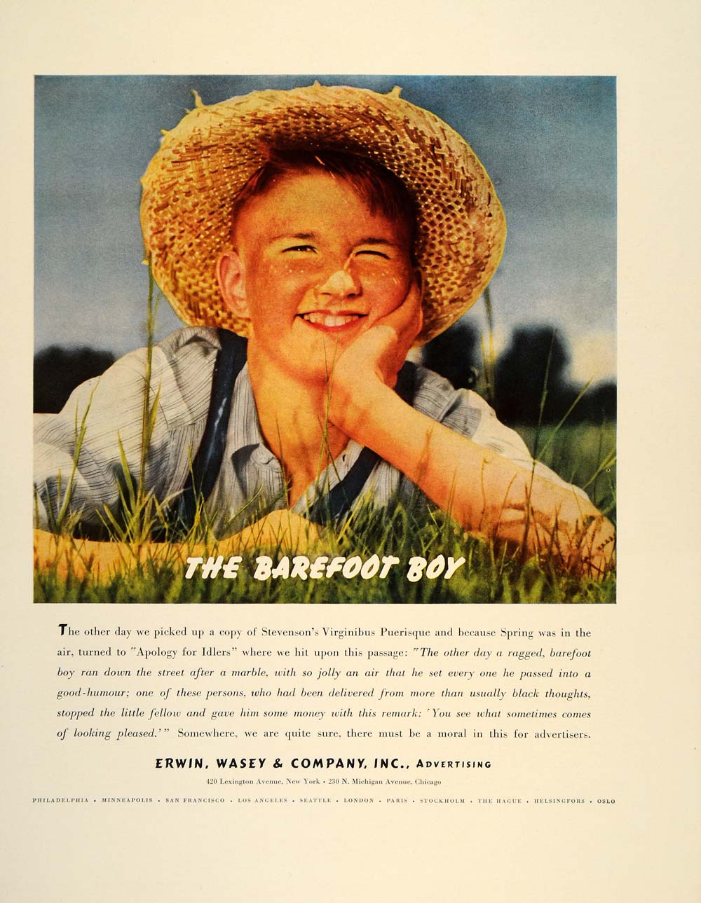 1937 Ad Erwin Wasey Advertising Barefoot Boy Straw Hat - ORIGINAL FT8