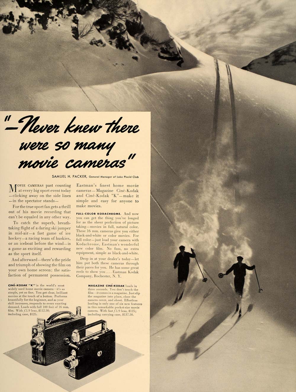 1937 Ad Cine Kodak Home Movie Camera Skiers Skiing Snow - ORIGINAL FT8