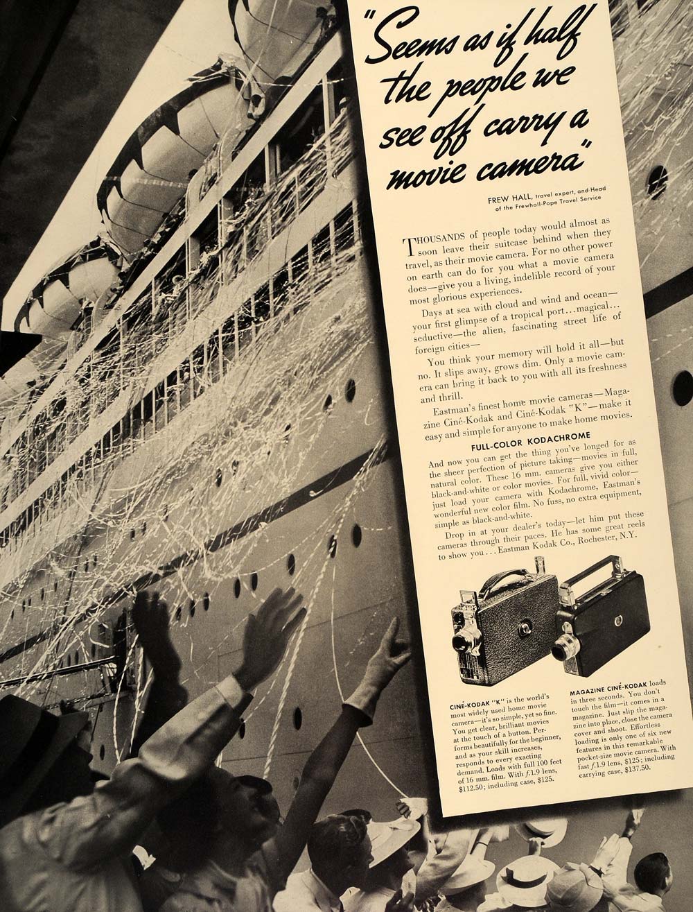 1937 Ad Cine Kodak Home Movie Camera Ship Departure - ORIGINAL ADVERTISING FT8