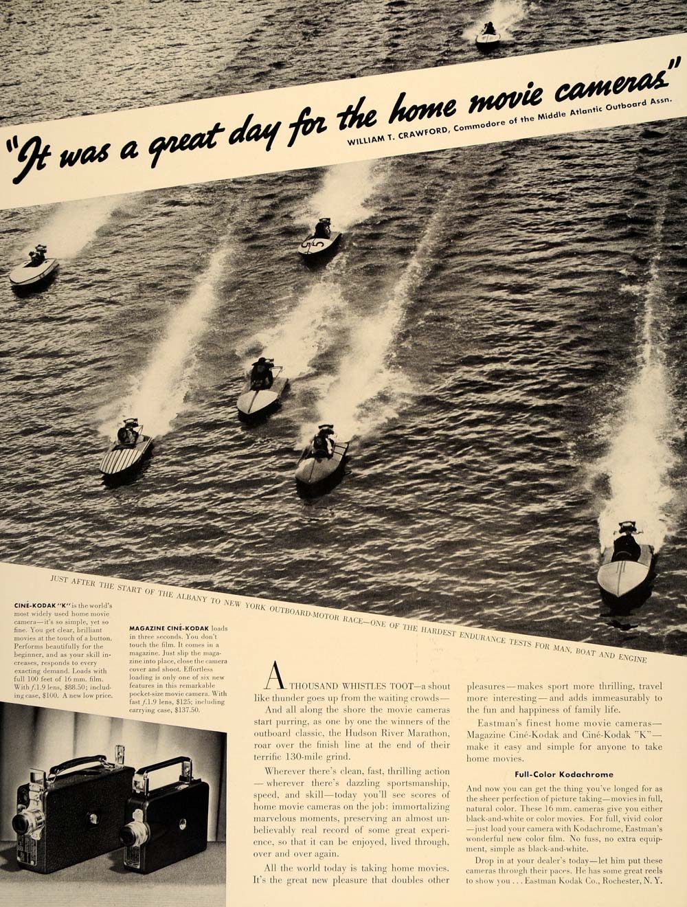 1937 Ad Cine Kodak Movie Camera Outboard Motor Race - ORIGINAL ADVERTISING FT8