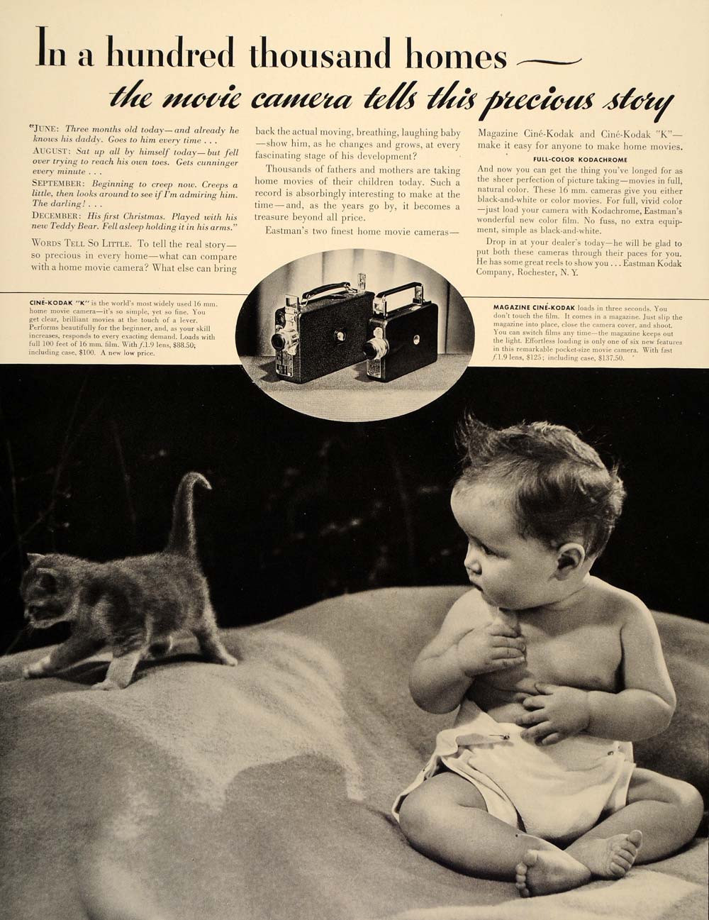 1937 Ad Cine Kodak "K" Home Movie Camera Baby Kitten - ORIGINAL ADVERTISING FT8