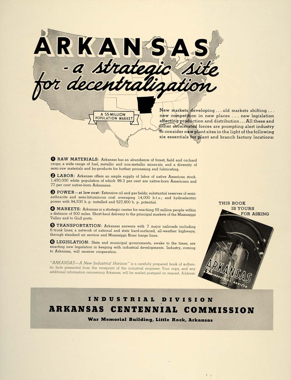 1937 Ad Arkansas State Industrial Development Markets - ORIGINAL ADVERTISING FT8