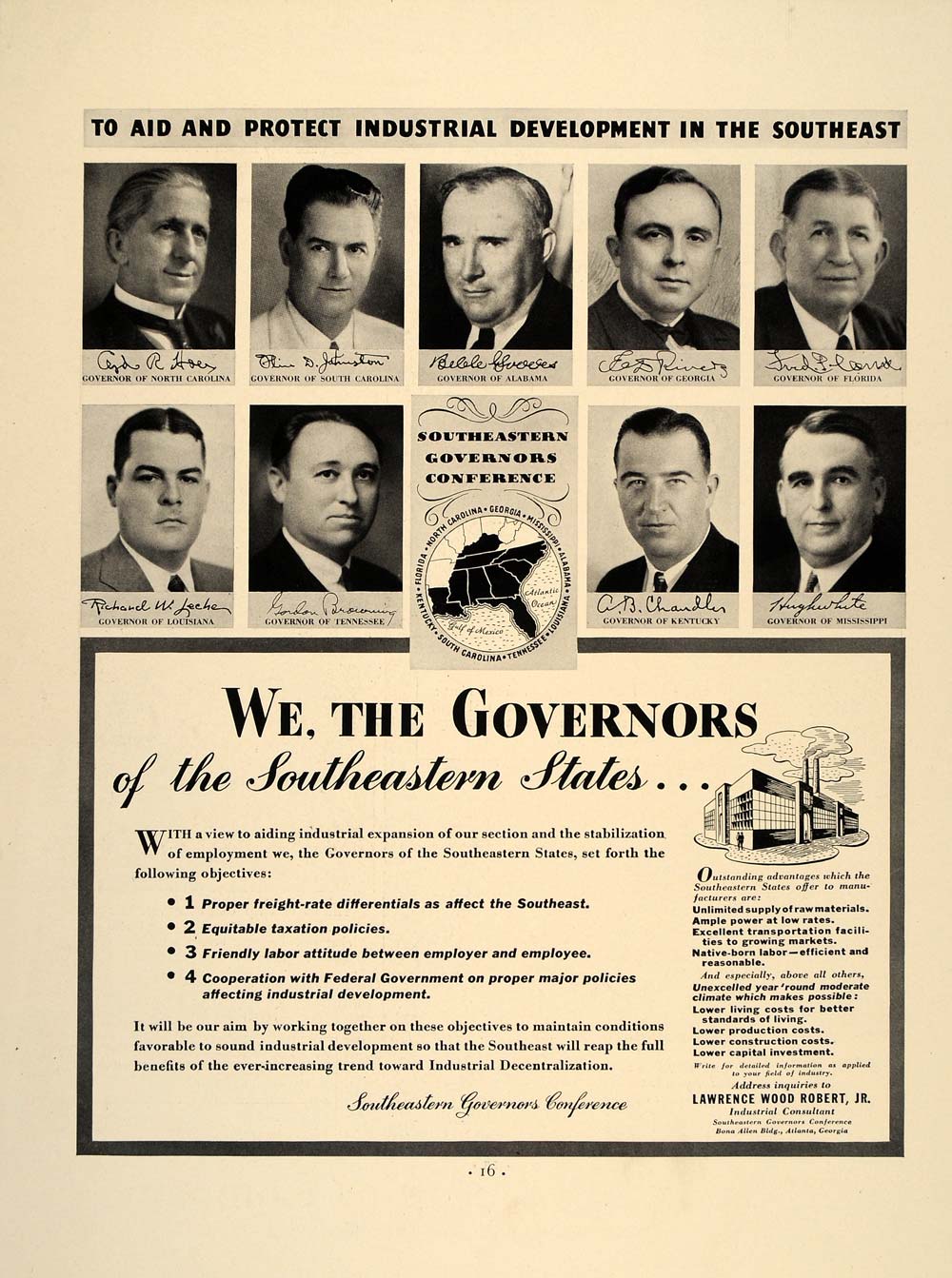 1937 Ad Southeastern Governors Industrial Development - ORIGINAL ADVERTISING FT8