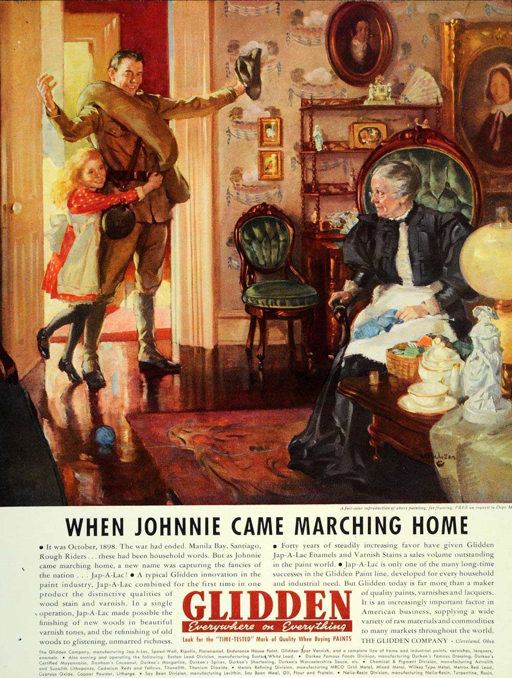 1937 Ad Glidden Jap-A-Lac Paint WWI Soldier Homecoming - ORIGINAL FT8
