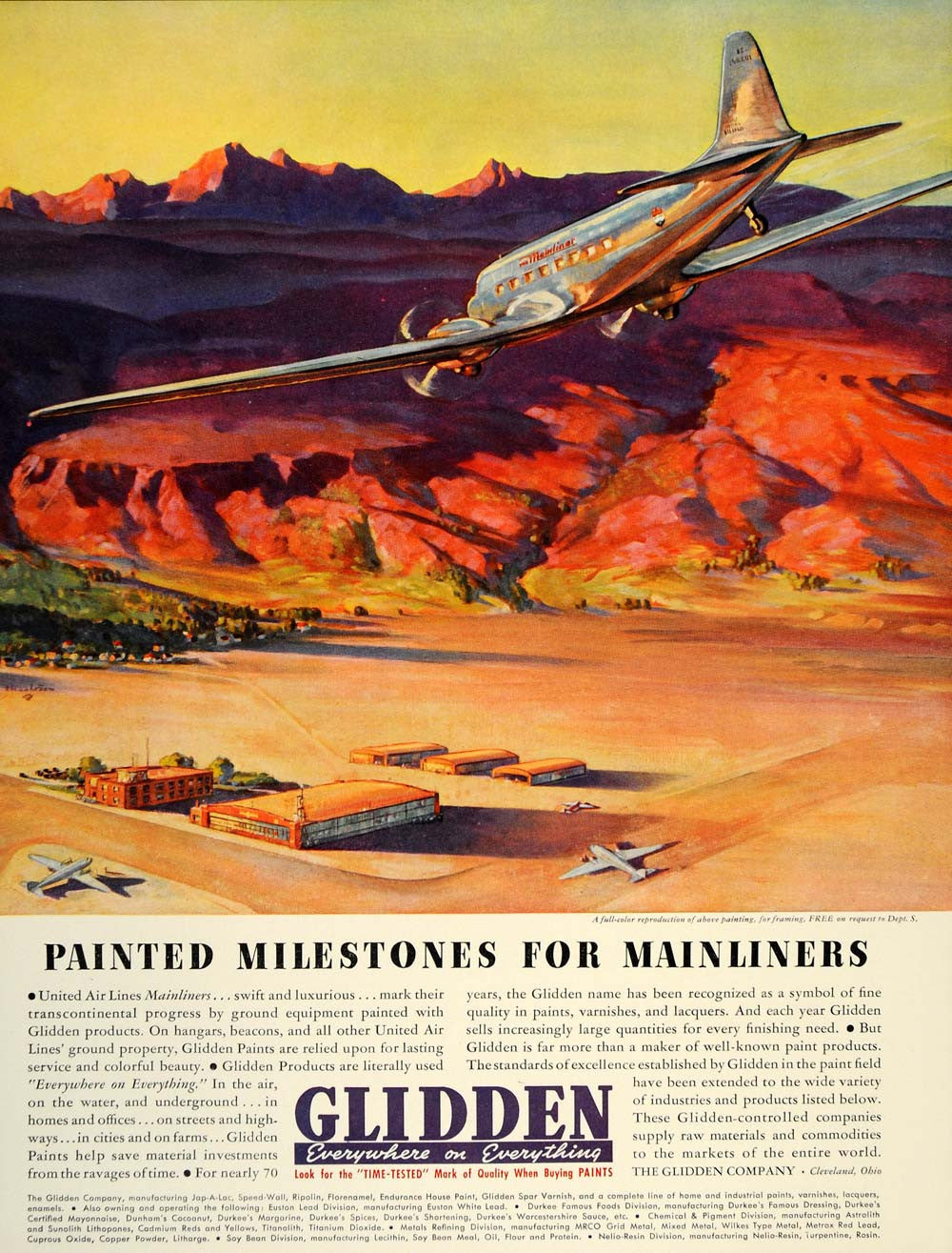 1937 Ad Glidden Paints United Air Lined Mainliner Plane - ORIGINAL FT8