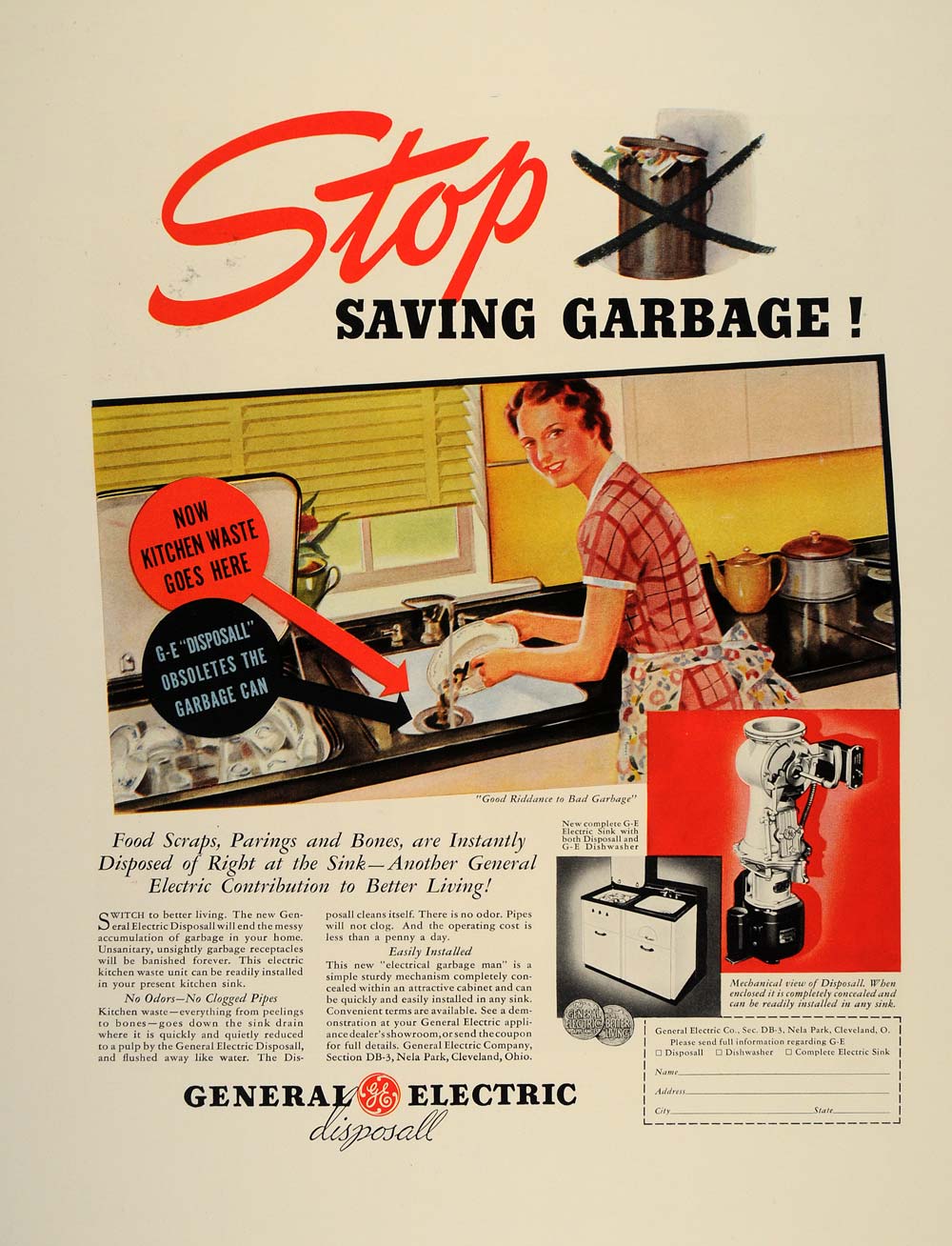 1937 Ad General Electric GE Dishwasher Sink Disposall - ORIGINAL ADVERTISING FT8
