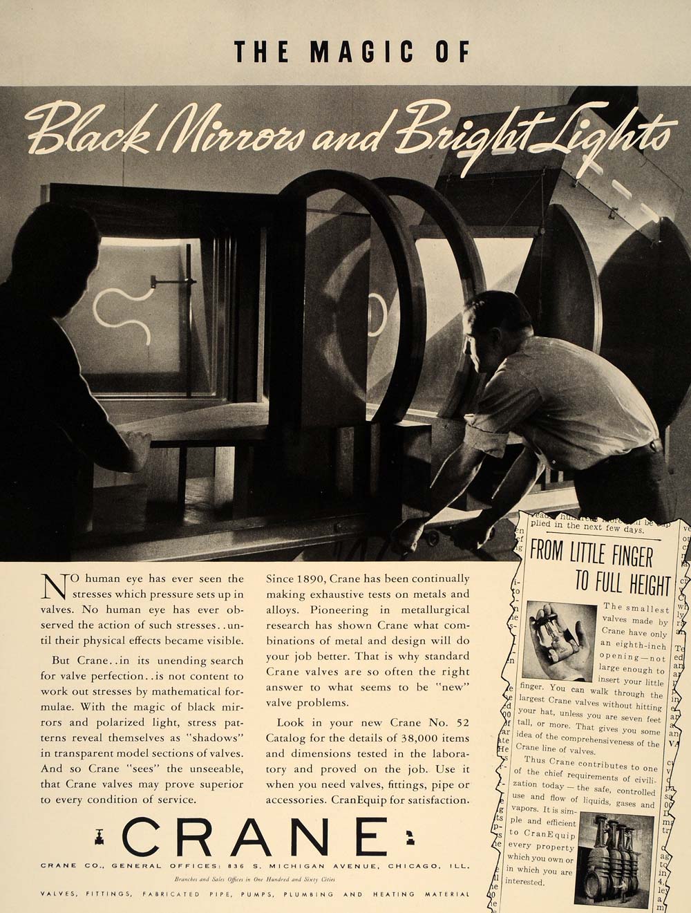 1937 Ad Crane Valves Laboratory Testing Black Mirrors - ORIGINAL ADVERTISING FT8