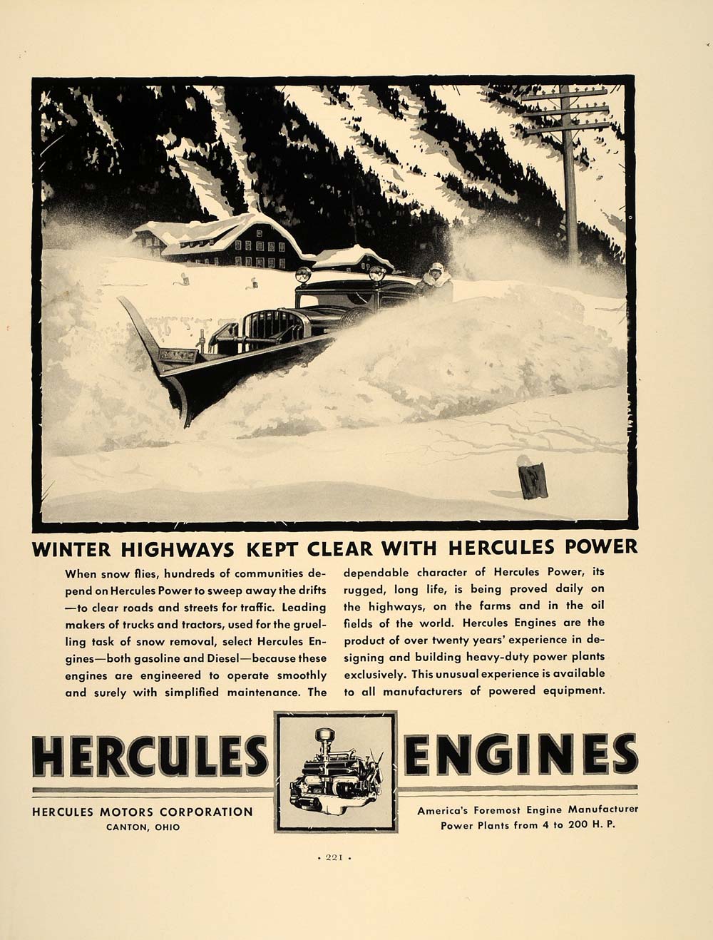 1937 Ad Hercules Engines Canton OH Snowplow Snow Winter - ORIGINAL FT8