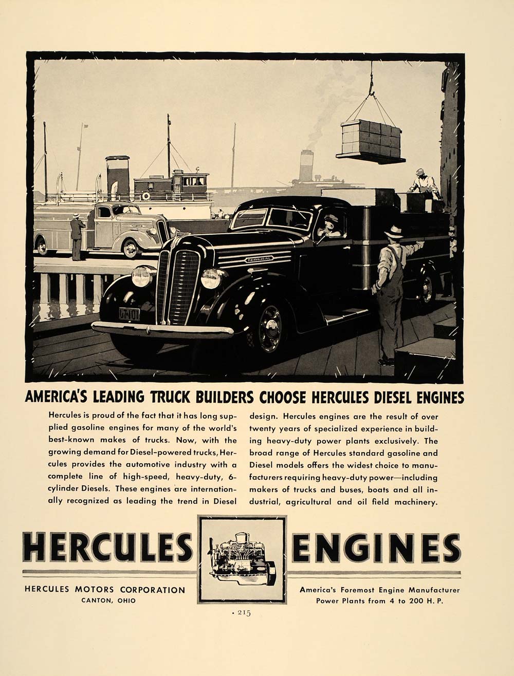 1937 Ad Hercules Diesel Engines Truck Ship Dock Workers - ORIGINAL FT8
