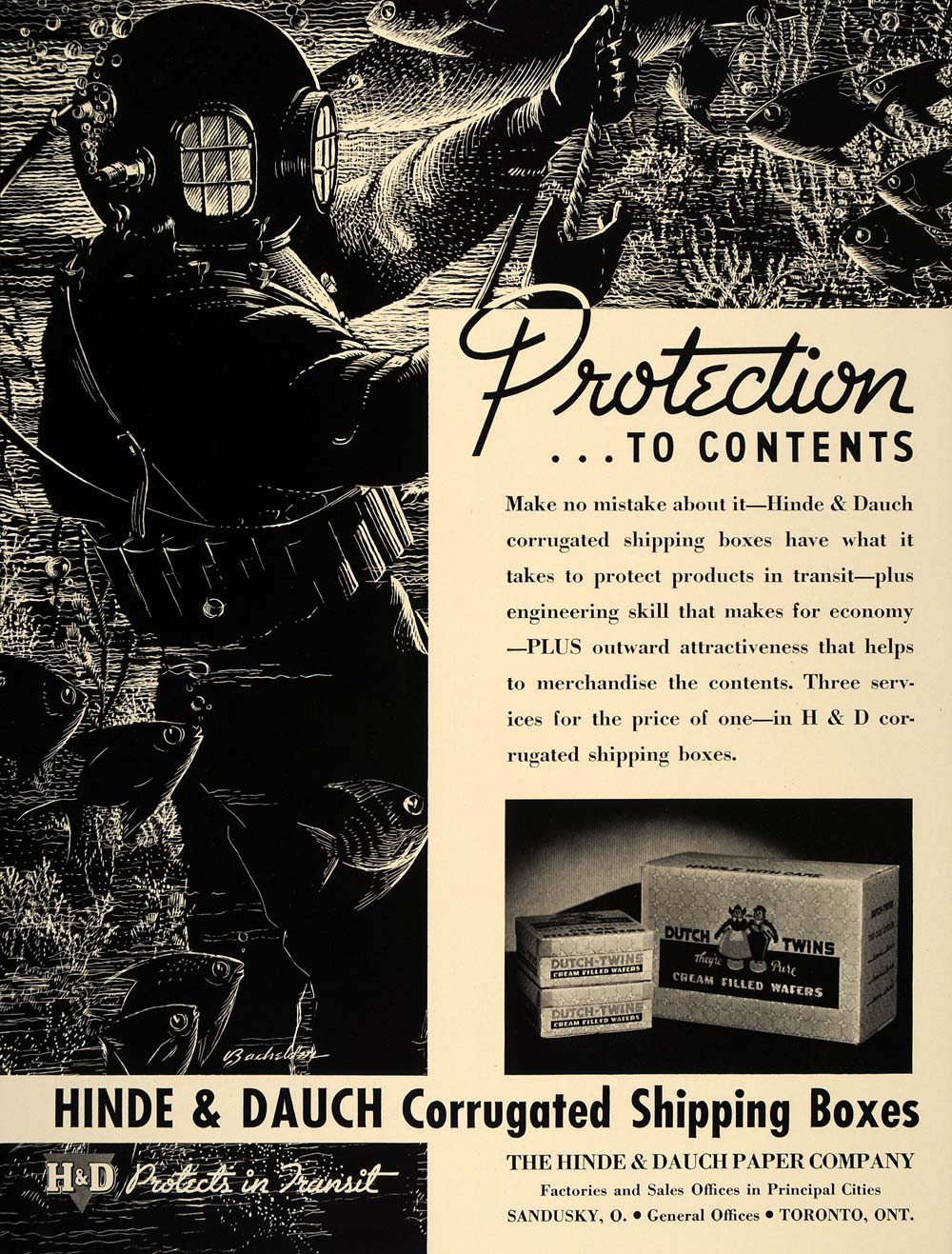 1937 Ad Hinde & Dauch Shipping Boxes Scuba Diver H&D - ORIGINAL ADVERTISING FT8