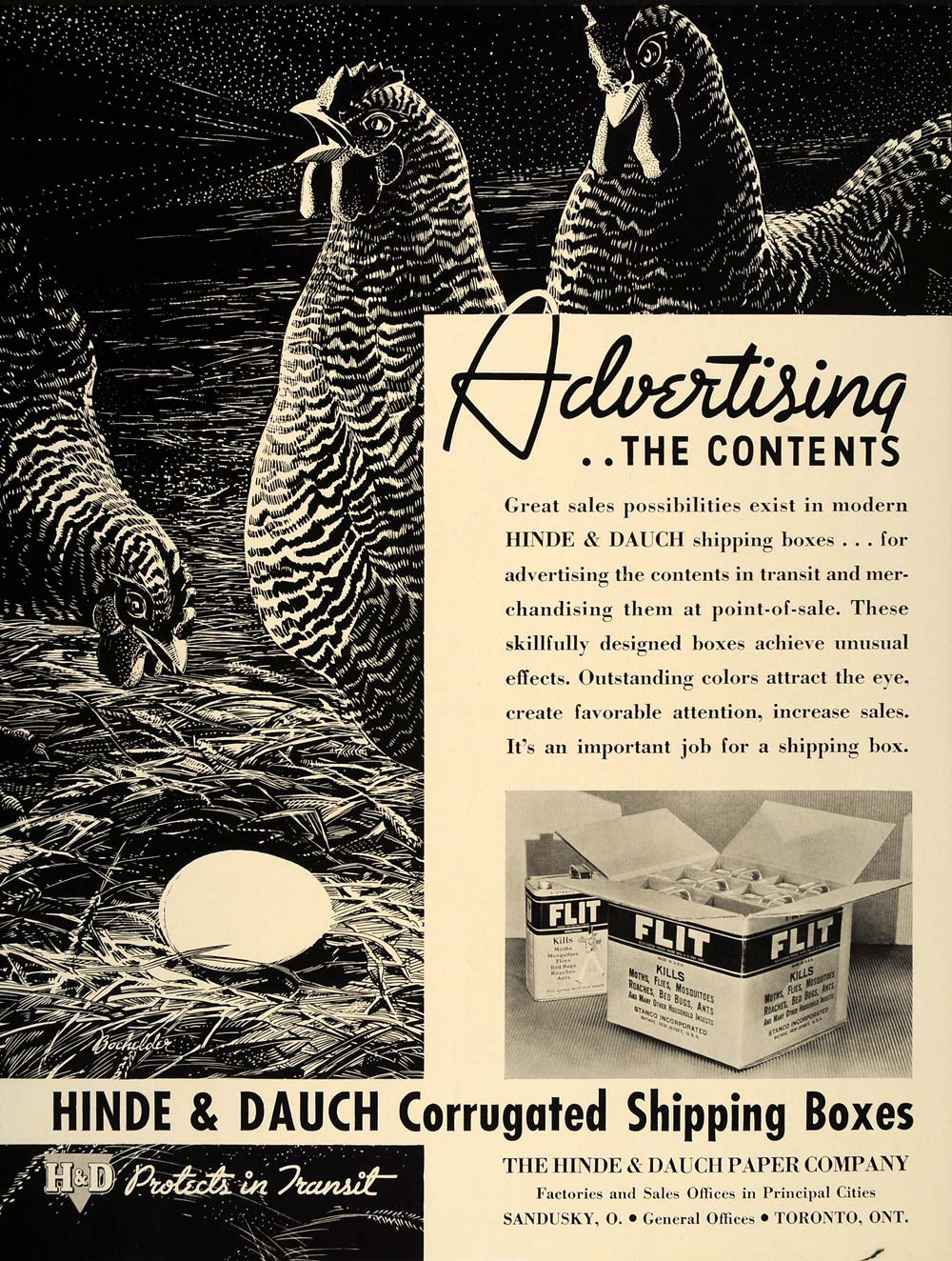 1937 Ad Hinde Dauch Shipping Boxes Rooster Egg Chicken - ORIGINAL FT8