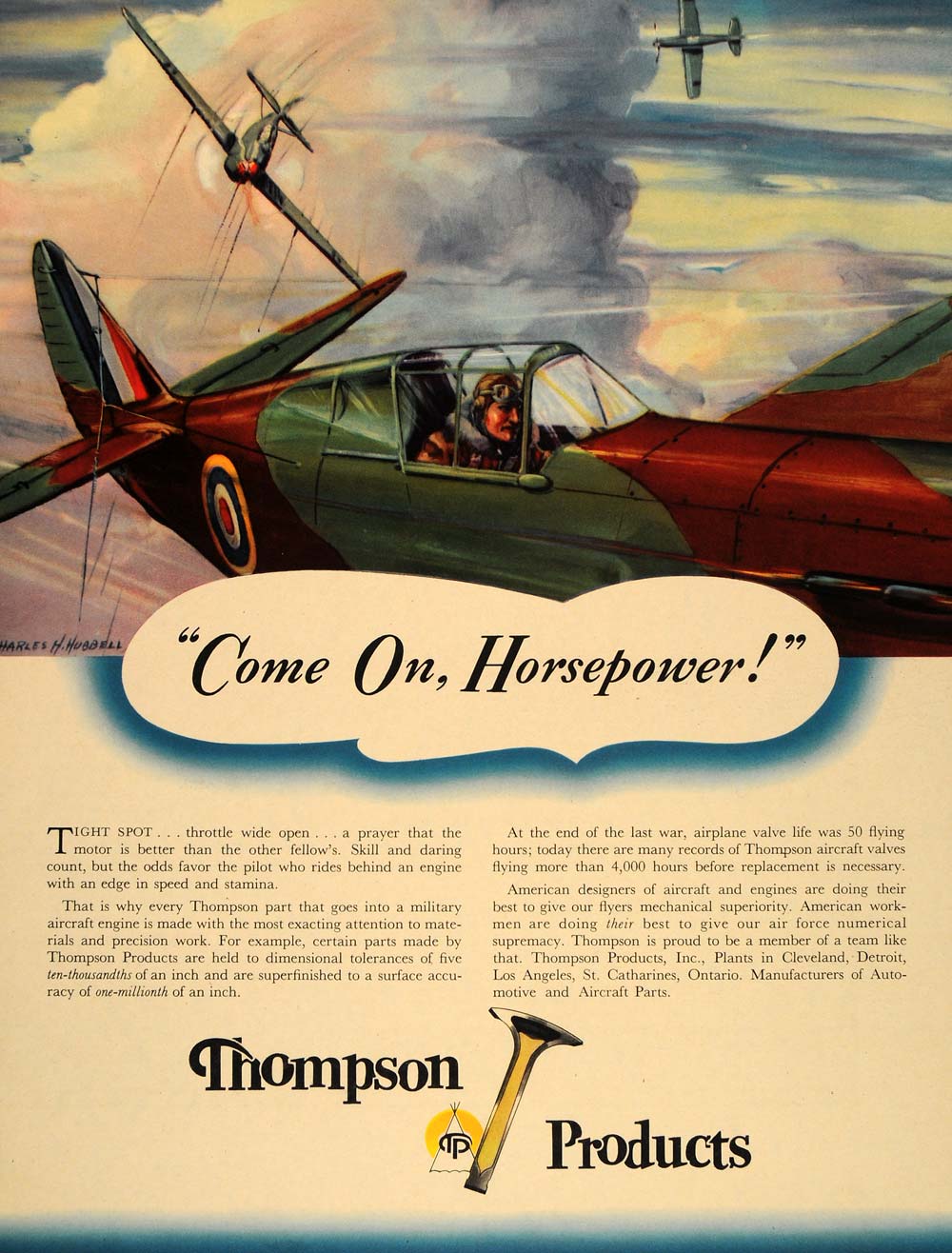 1941 Ad Thompson Valves WWII Plane Charles H. Hubbell - ORIGINAL ADVERTISING FT8